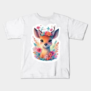 Colorful Floral Cute Baby Deer Kids T-Shirt